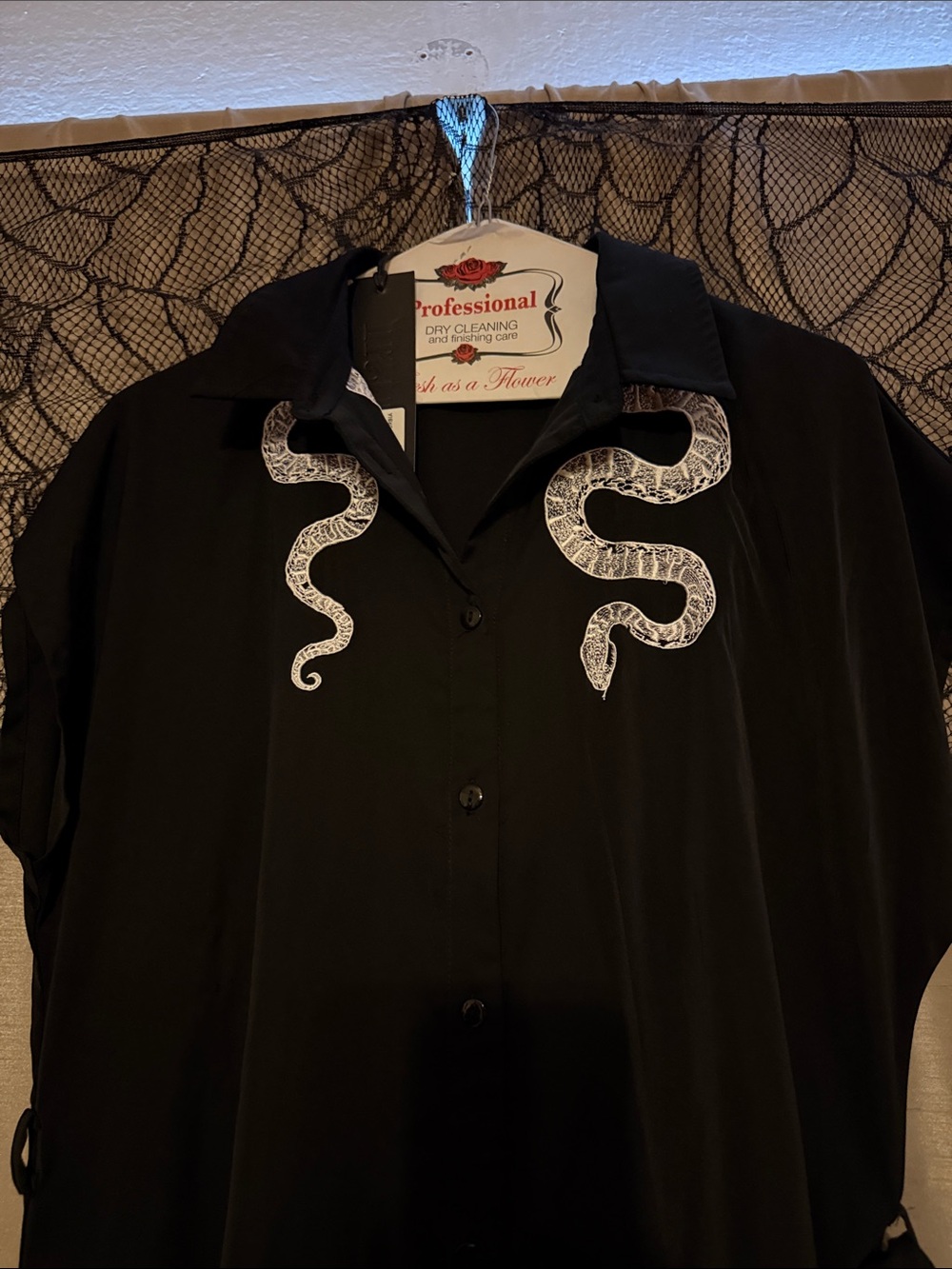 Disturbia Slither Relaxed Midi Shirt Dress with White Snake Embroidery Gothic - Picture 12 of 12